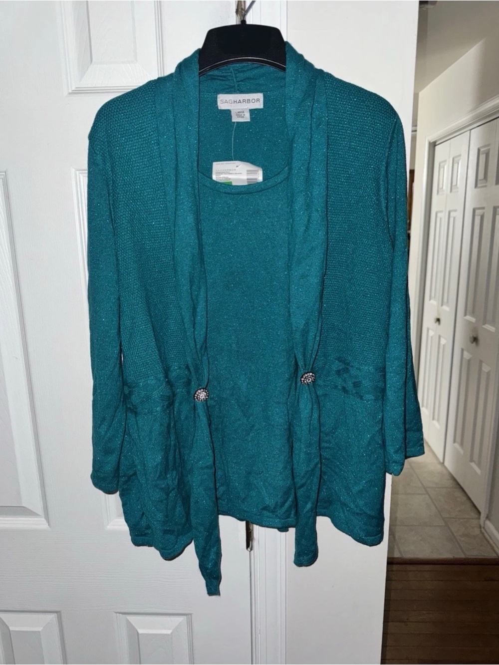 Sag Harbor Women's L Aquamar Teal Metallic Cardigan Top Rhinestone Accent NWT